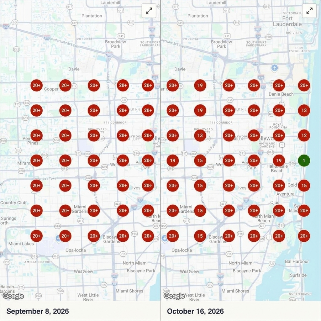 Local Falcon ranking map for Fuoco e Farina, September 8 vs October 16, 2026